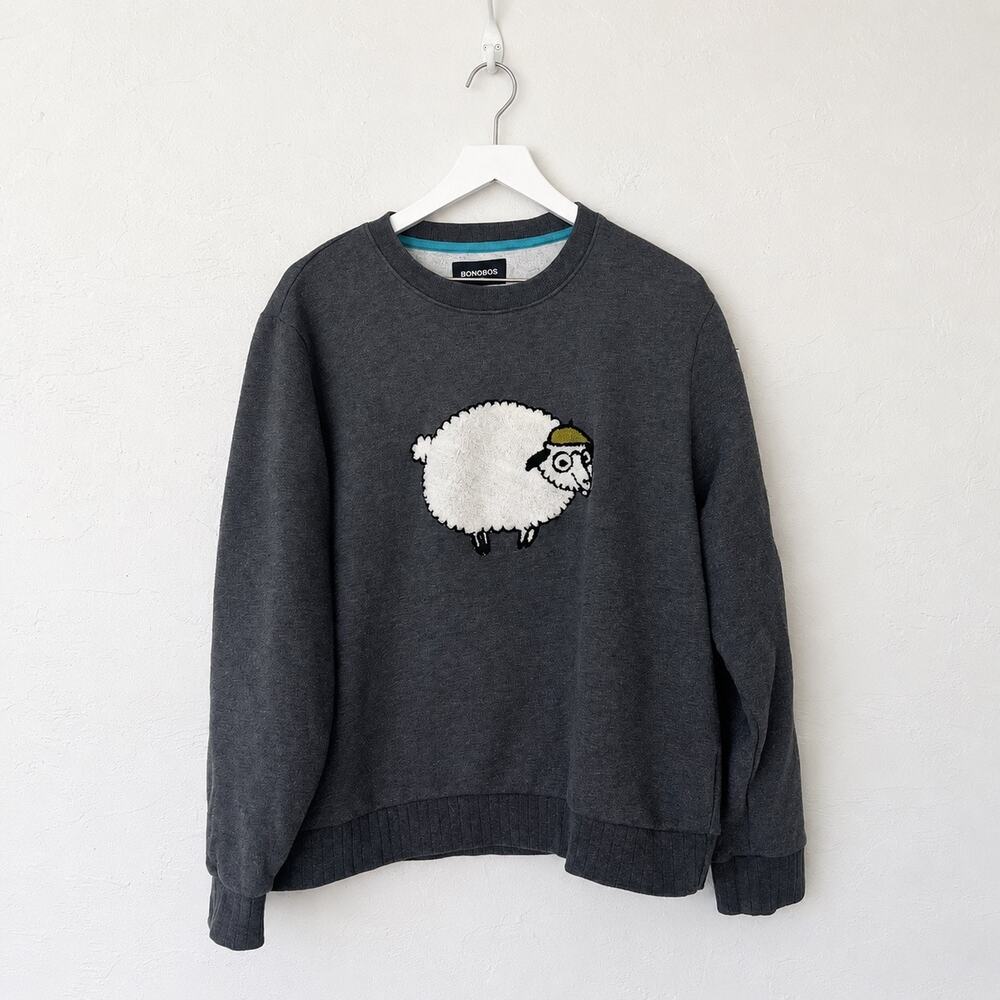 Bonobos Critter Sheep Embroidered Gray Fleece Sweatshirt Men’s L Quirky